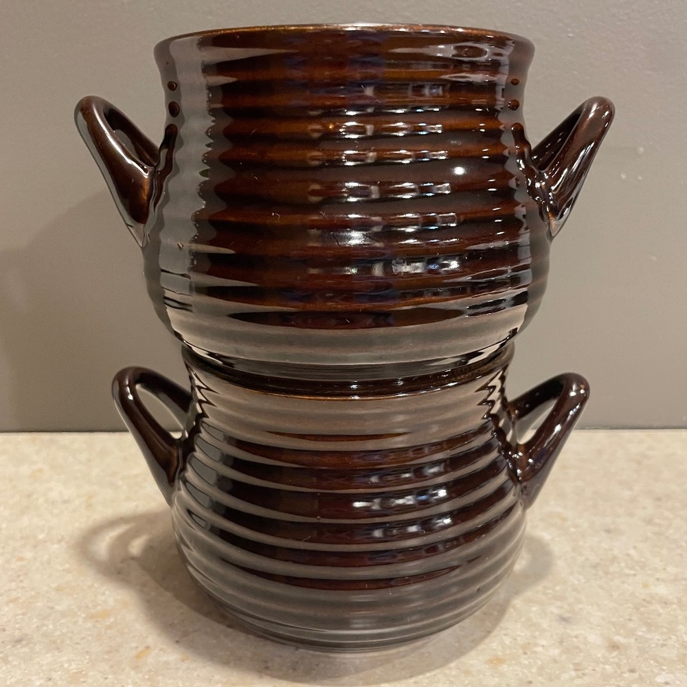 CRATE & BARREL Set of 2 Brunswick Stoneware Chili Soup Bowl Crock Brown Glazed